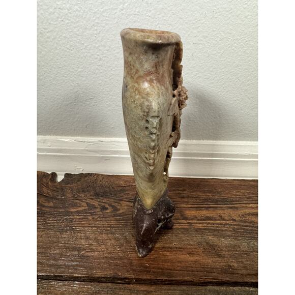 Vintage Carved Soapstone Vase 8” Pedestal Floral Relief Asian Boho MCM Eclectic - Picture 7 of 13